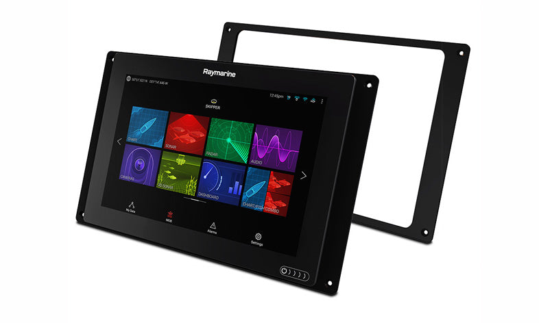 Raymarine A80531 adapter plate for Axiom 12 Pro to fit E120W size cutout, black plate beside a display with app tiles