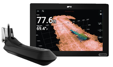 Raymarine E70639-03 Axiom+ 12 RV, black display showing 3D sonar at 77.6 ft beside an RV-100 transducer