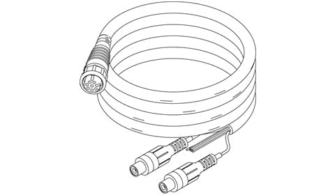 B&G Simrad 000-00129-001 Zeus video and comms cable, line drawing of a coiled lead with two round connectors