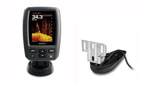 Garmin echo 301dv 010-01255-00 with 77 200kHz transom mount transducer, display showing depth 34.3