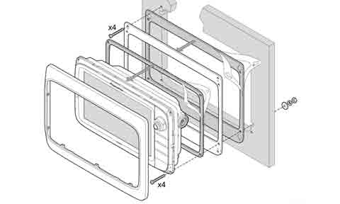 Raymarine R70011 c12/e12 retrofit kit for C120 and E120 cut-out, exploded line drawing of frames, seals and screws