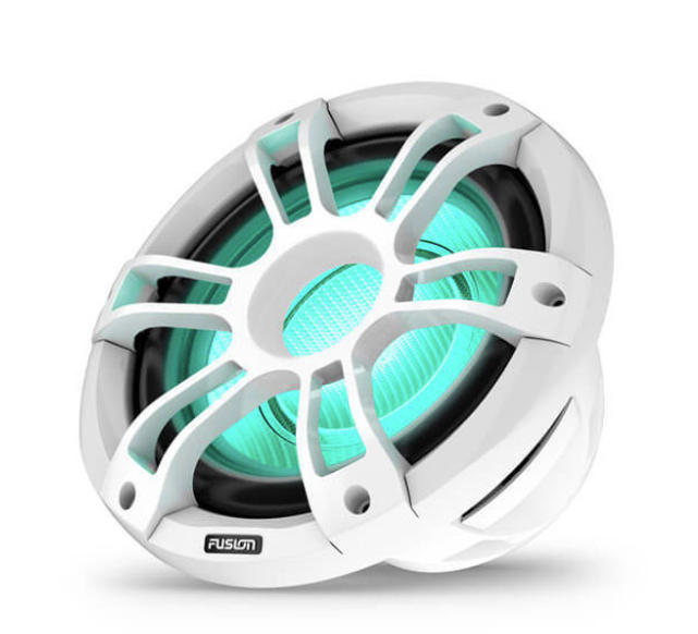 Fusion 010-02775-10 12in sports white CRGBW LED subwoofer 700w RMS, angled front view lit aqua