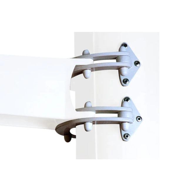 Scanstrut 50100 mast mount adapter kit, two white brackets with fixing screws on a white mast, side view