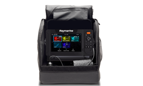 Raymarine A80581 Element ice fishing kit, black carry pack holding a display showing coloured app tiles
