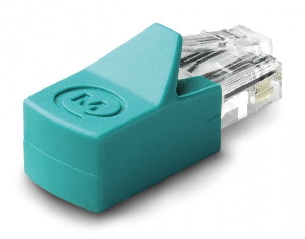 Mastervolt MasterBus terminator 77040000, teal moulded RJ45 plug with M logo, angled close-up