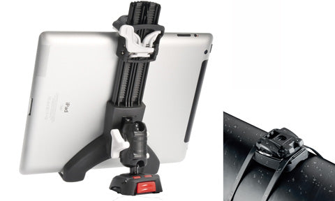 ROKK Mini tablet kit RLS-508-403 holding an iPad in a black spring clamp arm on a red-release base, with strap detail
