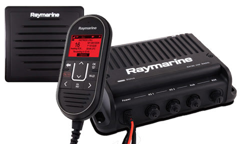 Raymarine E70492 Ray90 black box VHF with wired handset and passive speaker, black unit, handset and speaker