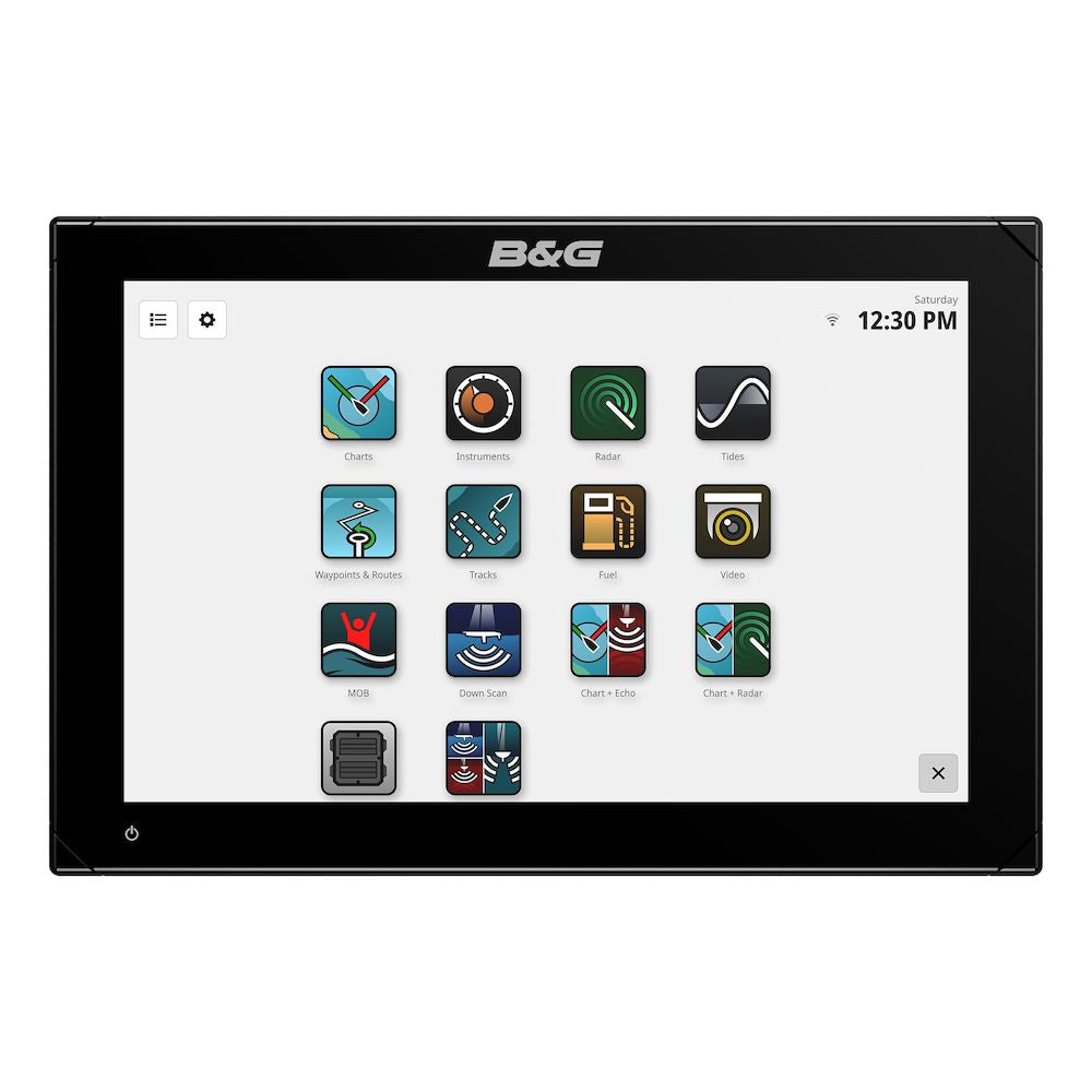 B&G 000-15225-001 Zeus S 12 chartplotter, front view of a black 12 inch display showing a home screen of app tiles