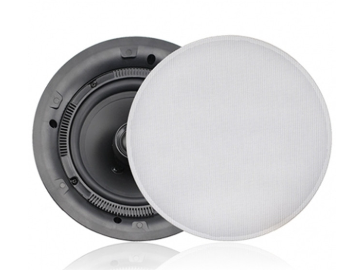 Fusion 6 inch super flush speaker pair in white, MS-CL602, round ceiling speaker with a white magnetic grille beside it