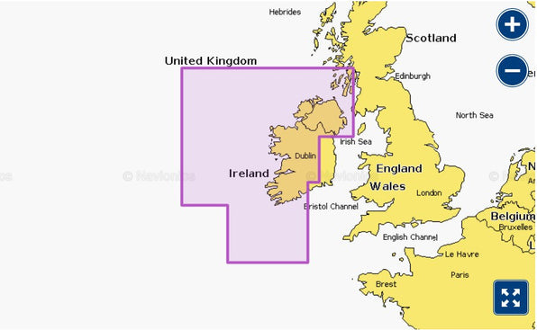 Garmin Navionics+ 010-C1233-20 Ireland West Coast NSEU075R coverage, purple selection over western Ireland