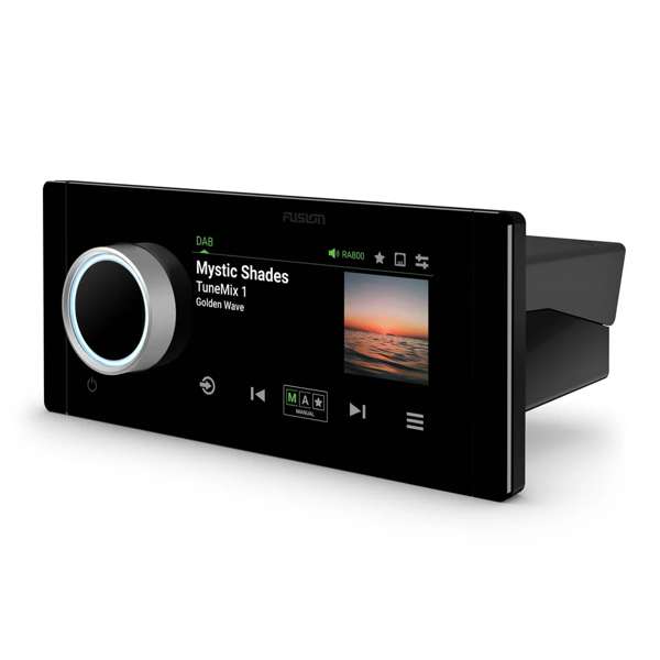 Fusion Apollo MS-RA800 010-02937-01 marine stereo, angled view with rotary dial and track display