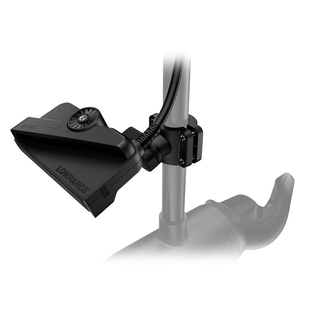 Lowrance 000-15770-001 ActiveTarget trolling motor shaft mount, black sensor clamp holding a sensor on a motor shaft