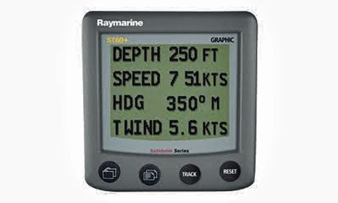 Raymarine E22075-P ST60 Plus graphic instrument display, grey unit with four buttons reading depth, speed, heading and wind