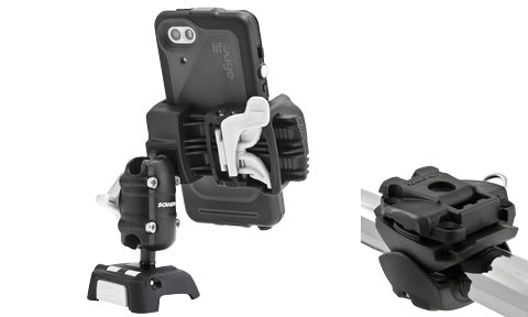 ROKK Mini RLS-509-402 phone kit in black with rail clamp base and phone cradle, plus a separate clamp unit