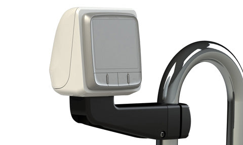 Scanstrut SPR-1i-AM cream instrument pod with display on a black arm clamped to a stainless handrail