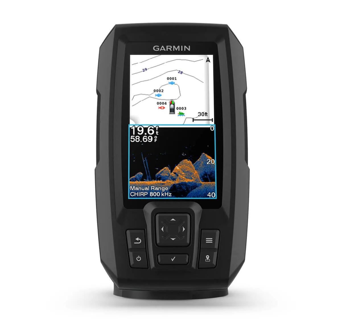 Garmin STRIKER Vivid 4cv 010-02550-01 front view of chart and orange sonar on a portrait display, 19.6