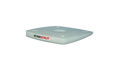 Scanstrut PT3010 PowerTower base wedge 4 degree, white square plastic wedge with Scanstrut logo, angled front view