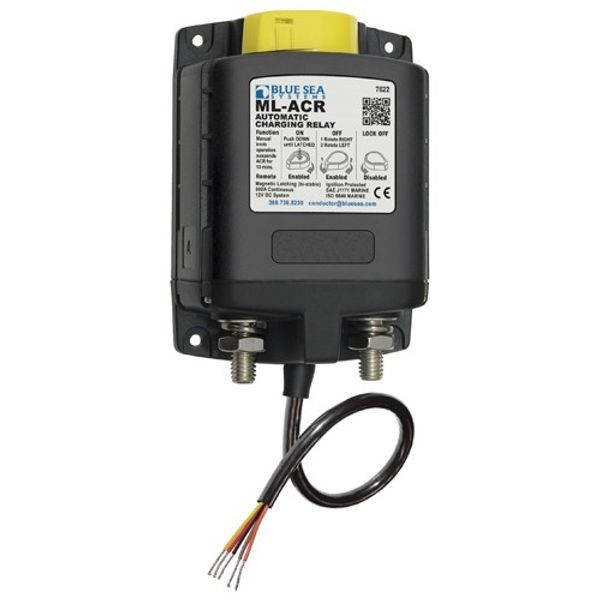 Blue Sea 7623-BSS ML Series HD auto charge relay 24 V, black relay with a yellow cap, white label and terminals