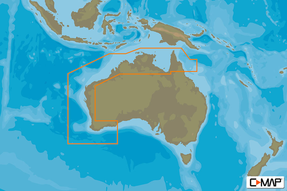 C-MAP REVEAL M-AU-Y012-MS Cairns to Esperance, orange coverage outline on a shaded depth-style map of Australia