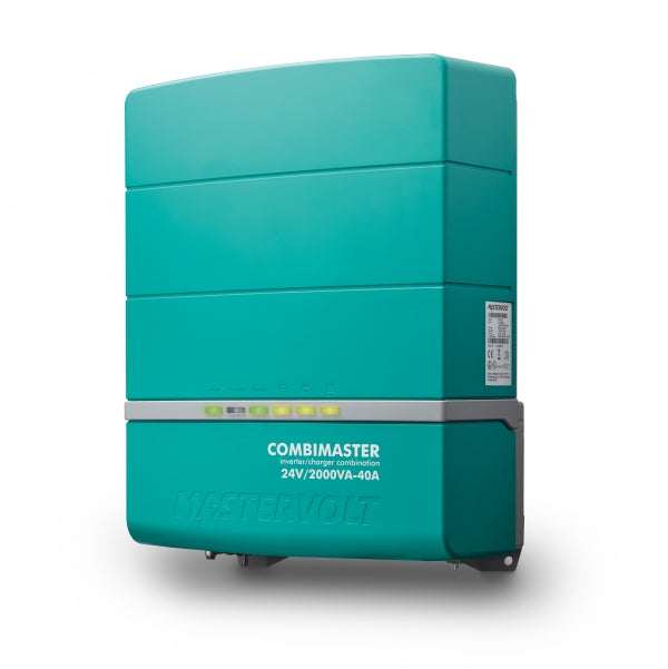 Mastervolt CombiMaster 24/2000-40 35022000 inverter/charger, front view of teal case with LED row and label