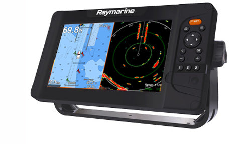 Raymarine E70533 Element 9 S chartplotter with CHIRP sonar, front view of black display showing chart and radar