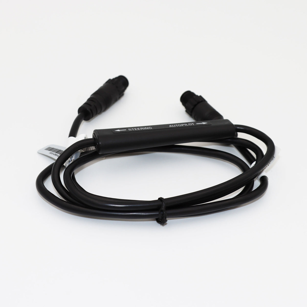 Navico 000-15621-001 NAC-D, black coiled cable with a small black moulded module and a round plug at each end