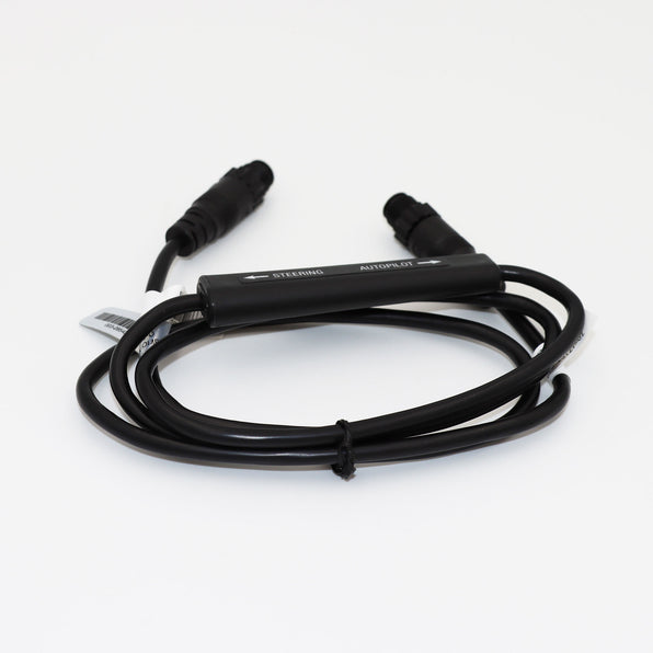 Navico 000-15621-001 NAC-D, black coiled cable with a small black moulded module and a round plug at each end