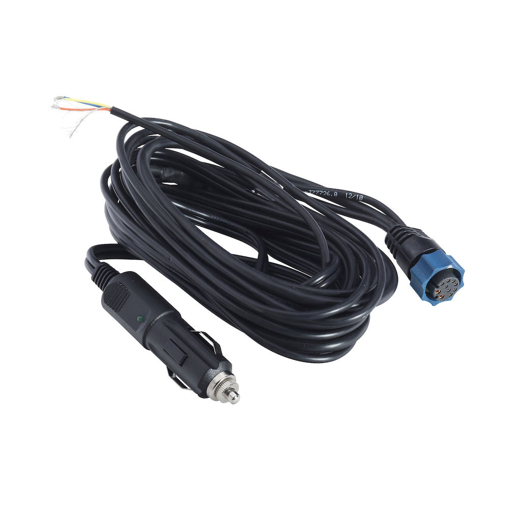 Navico 000-0119-10 CA-8 cigarette power adapter, coiled black cable with a cigarette plug, a blue plug and bare wires