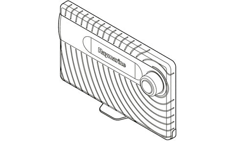 Raymarine R70378 eS-Series plastic suncover for 7 inch MFDs, line drawing of a ribbed cover with Raymarine lettering
