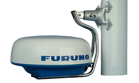 Scanstrut LMM-2 self-levelling mast mount holding a Furuno radome on a white mast, side view