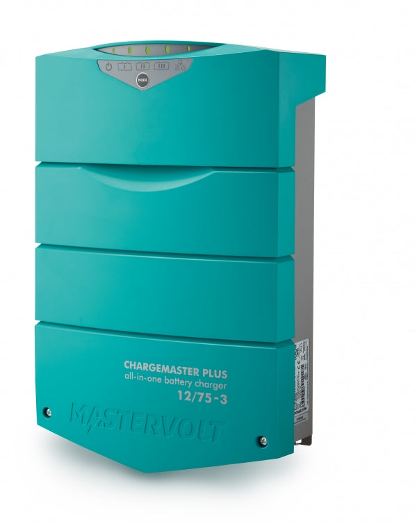 Mastervolt ChargeMaster Plus 12/75-3 44310755 battery charger, front view of teal case with model label