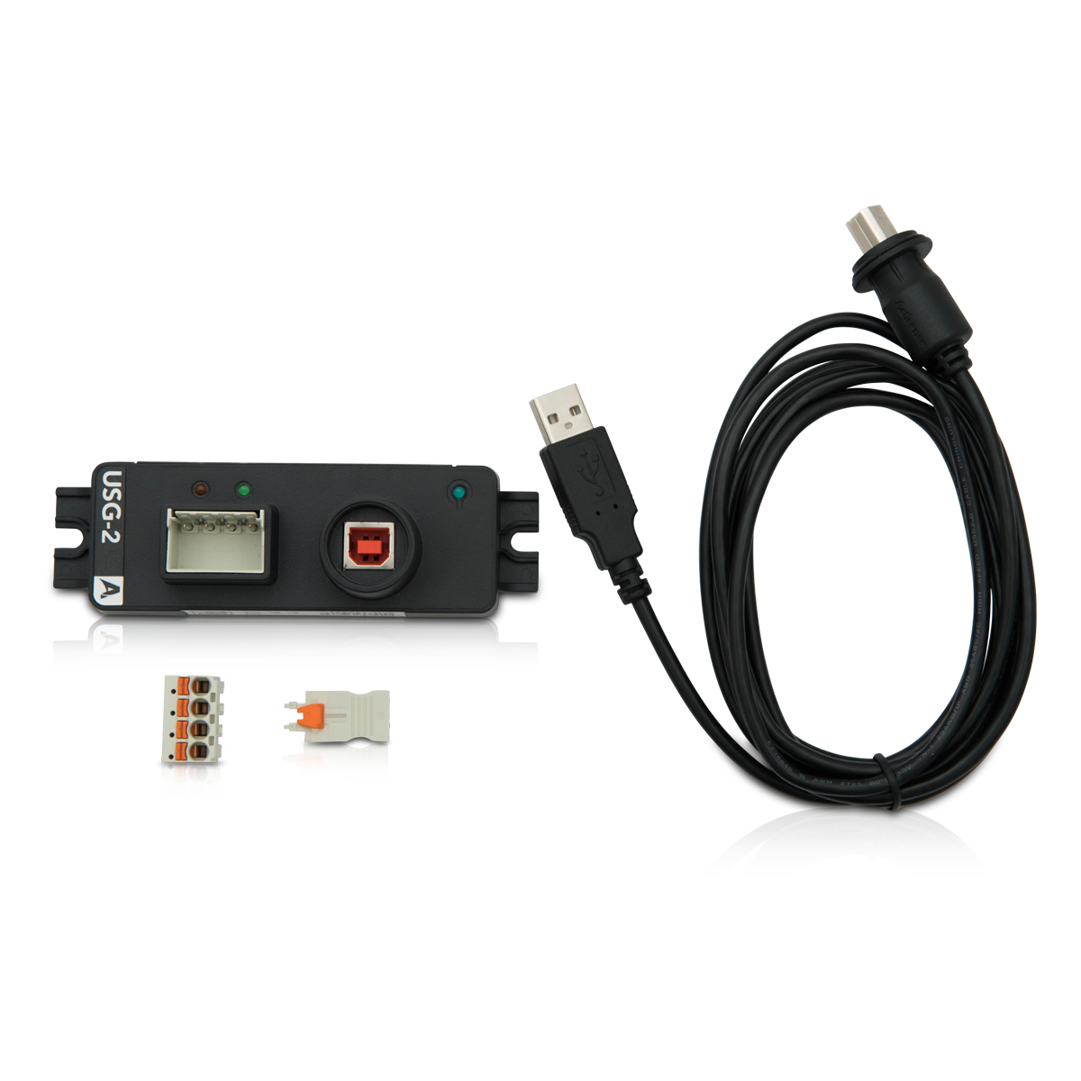 Actisense USG-2 isolated USB to serial gateway, black bar module with a lead, a USB plug and orange push connectors
