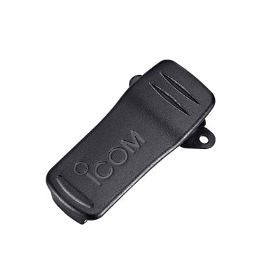 Icom MB-98 belt clip, black plastic belt clip printed with the Icom logo, large view