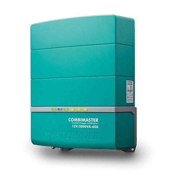 Mastervolt CombiMaster 35012000 12V 2000VA 60A inverter/charger, front view of teal case with status LEDs