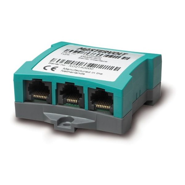 Mastervolt MasterBus serial interface, teal and grey module with three RJ45 sockets and barcode label on top