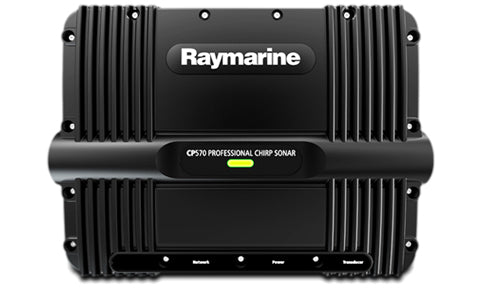 Raymarine E70258 CP570 professional CHIRP sonar module, front view of black module with a green light and logo