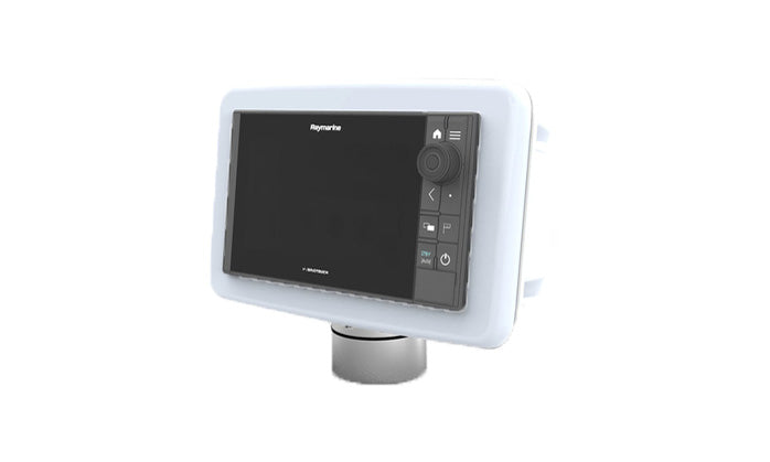 Scanstrut SPD-9-W white deck pod on a pedestal holding a Raymarine multifunction display, front view