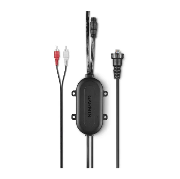 Garmin 010-12527-00 power and audio module, black unit with Garmin logo, RCA leads and round network plug