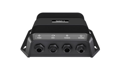 Simrad NAC-1 autopilot computer 000-11769-001, black unit with four connector ports for power, drive, feedback, network