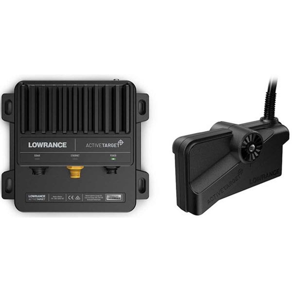 Lowrance Active Target 000-15593-001 black module box with Active Target label next to the black transducer and cable