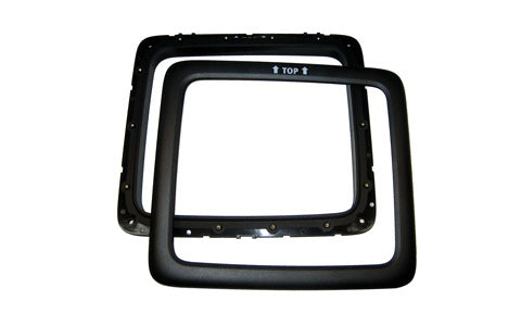 Raymarine A80347 Dragonfly 7 Pro flush mount kit, two black square mounting frames, one with a TOP marking