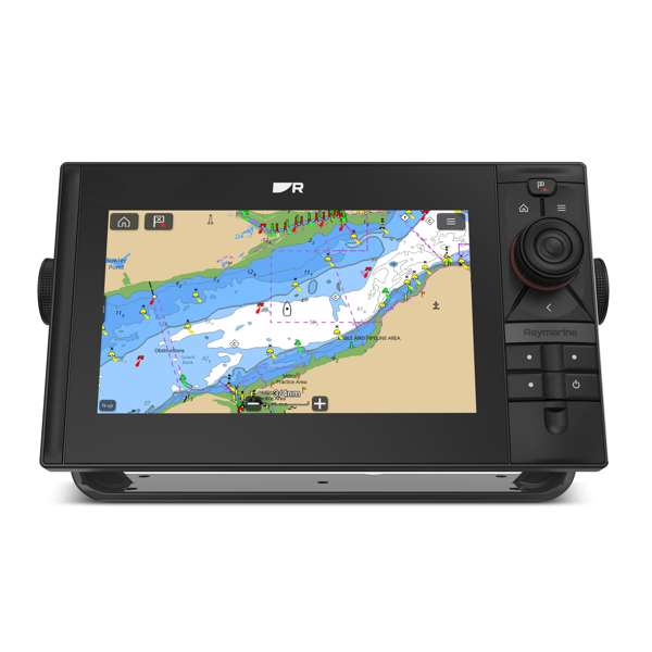 Raymarine E70653 Axiom 2 Pro 9 S on a bracket, front view of black display showing a river chart