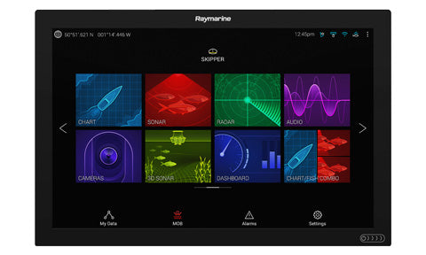 Raymarine E70401 Axiom XL 24 glass bridge MFD, front view of black display showing home screen app tiles