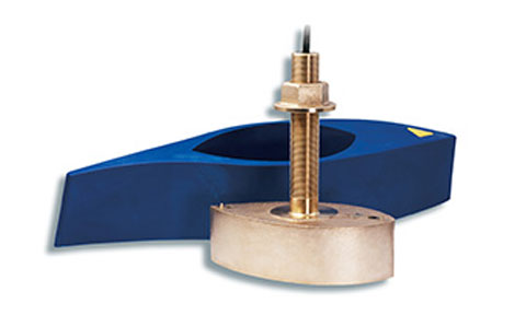 Garmin B265LH 010-11645-20 CHIRP dual range depth and temperature transducer, bronze stem on a blue fairing block