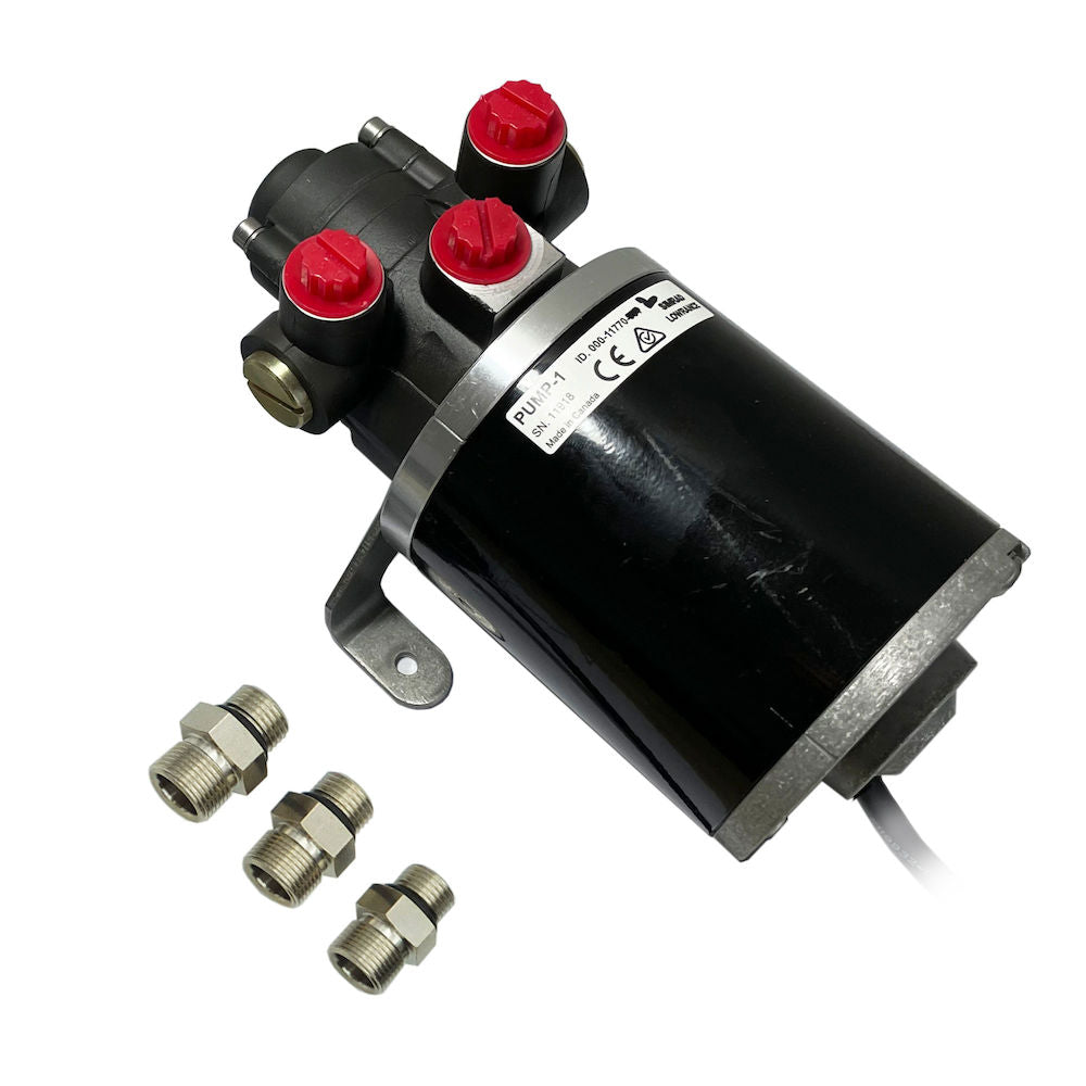 Navico 000-11770-002 PUMP-1 for outboard pilot, black motor on a silver pump block with red caps and three brass fittings