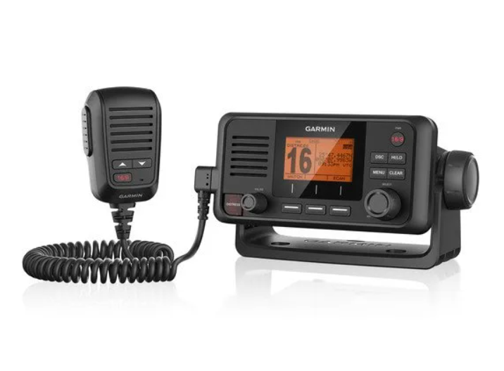 Garmin VHF 115 010-02096-00 marine radio, black unit with orange channel 16 display and coiled handset lead