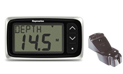 Raymarine E70143 i40 depth display with P66 transom mount transducer, black display reading 14.5 m beside a transducer