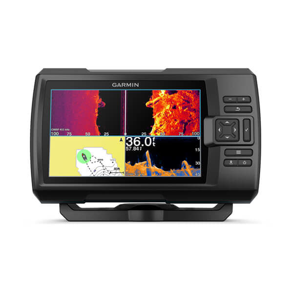 Garmin STRIKER Vivid 7sv 010-02553-02 without transducer, front view with colour sonar panes and chart