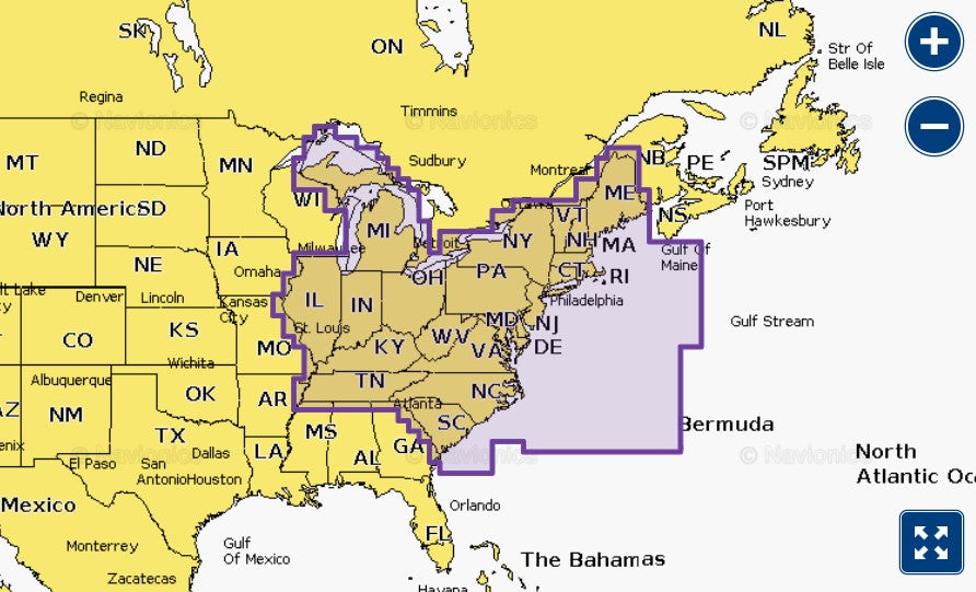 Garmin Navionics+ 010-C1291-20 U.S. East NSUS007R coverage, purple selection over the eastern United States