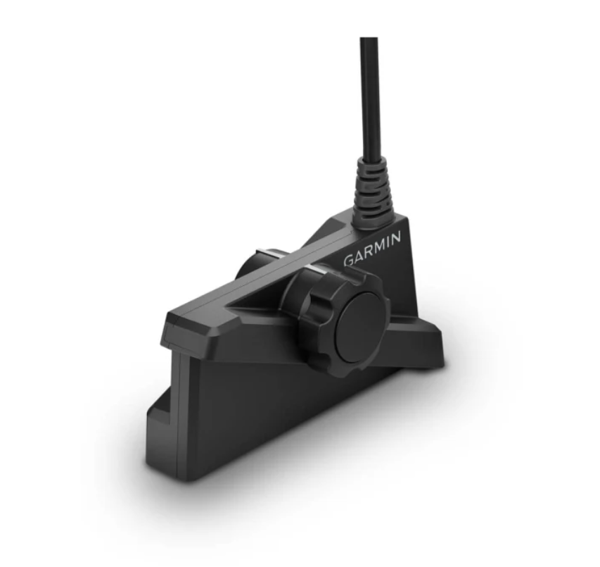 Garmin LiveScope Plus LVS34 010-02706-10 transducer only, black housing with large knob, front angled view